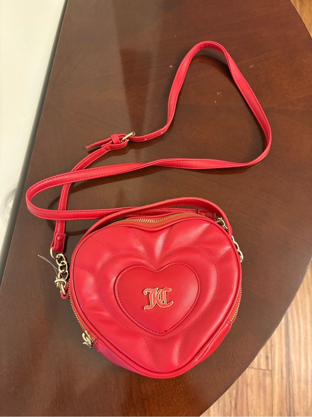 Juicy Couture Red Heart Crossbody Bag Quilted Purse Gold JC Logo Rhinestone